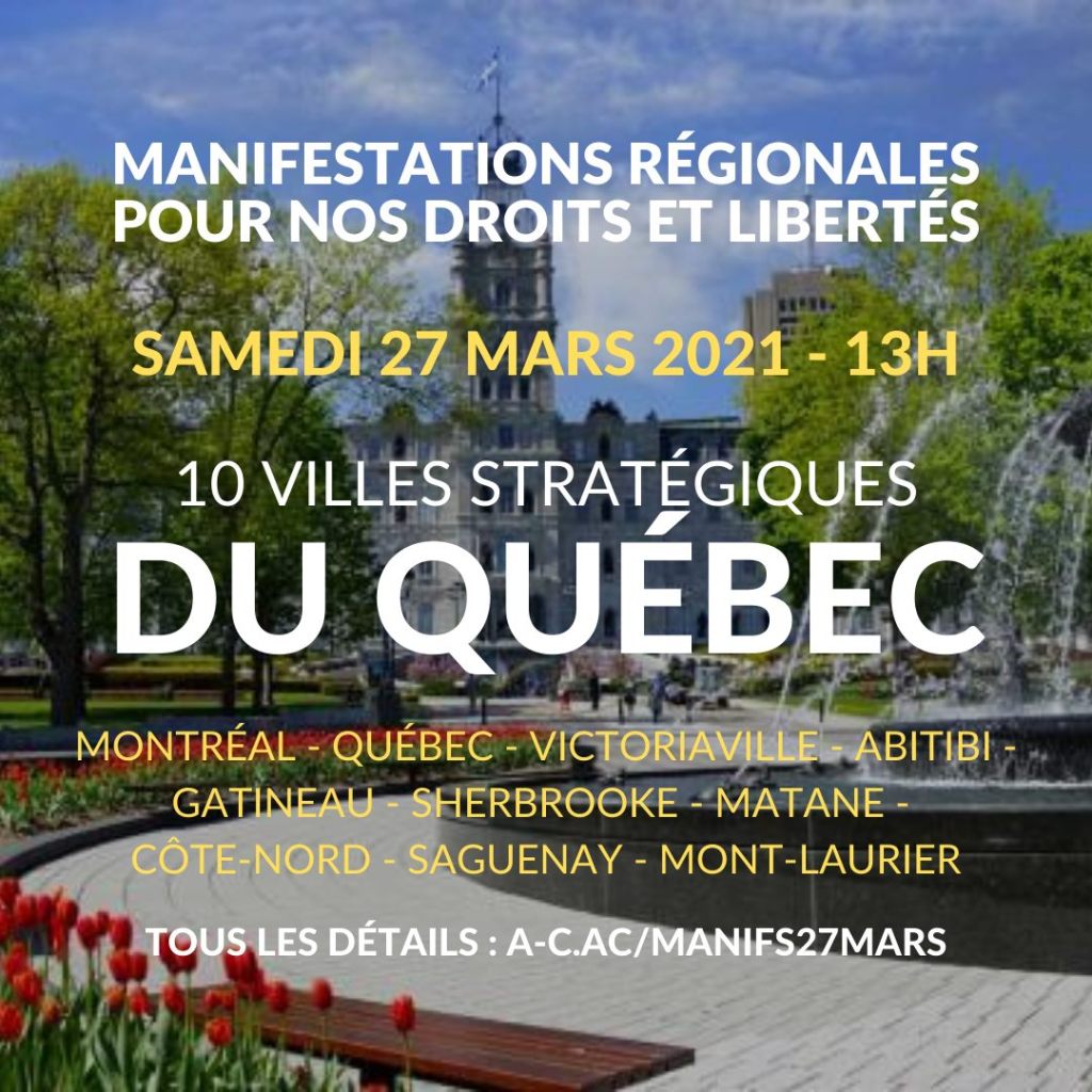 Revue de presse – Manifestations Régionales dans 9 villes du Québec le 27 mars&nbsp;2021